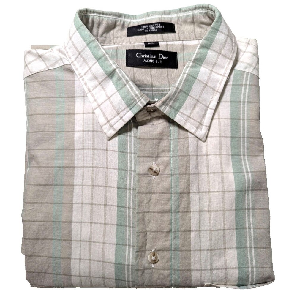 VTG Christian Dior Monsieur Men's XL Button Up Shirt Plaid Green Short Sleeve SS